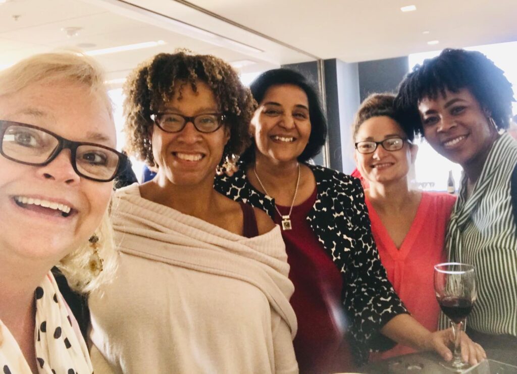 Lisa Reagan of Kindred; Tina Sherman of MomsRIsing; Kinkini Banjeree of USBC; and Cheryl Lebedivitch of USBC. At the invitation-only gathering for the Worklife Law Conference, San Francisco, 2019.
